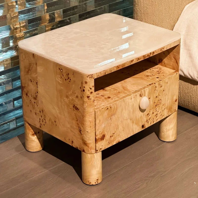Designer Burl Wood Bedside Nightstand, Vintage Solid Wood End Table with Drawer, Luxury Bedroom & Hotel Accent Cabinet – Pre-Assembled