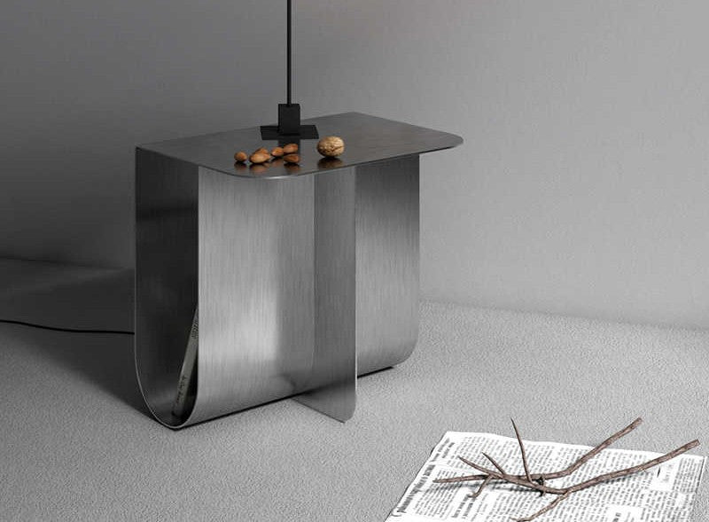 Sculptural Stainless Steel Side Table with Curved Design, Modern Minimalist Bedside Table with Brushed Metal Finish, Contemporary Living Room Accent Table