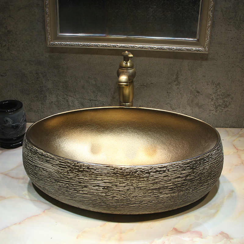 Luxury Gold Oval Ceramic Wash Basin – Modern Art Hotel Countertop Vessel Sink, Large Bathroom Vanity Bowl