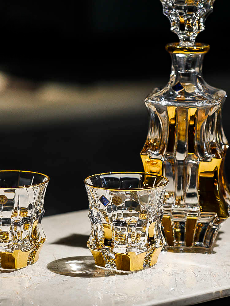 Crystal Gold Whiskey Decanter Set – Czech Lead-Free Glass, Elegant Hand-Gilded Barware Gift Set with 1 Decanter & 2 Tumblers