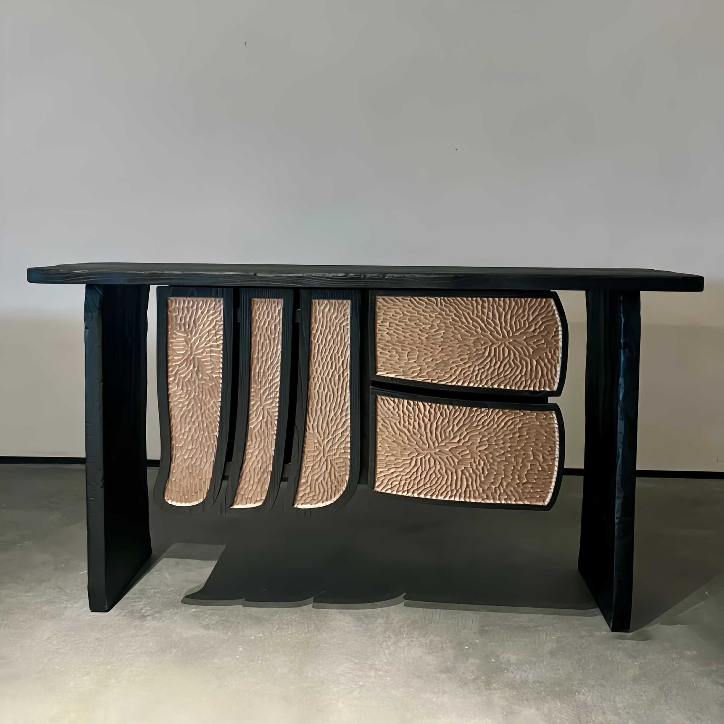 Designer Sculptural Carved Wood Console Table, Luxury Retro Entryway Foyer Cabinet with Art Drawers