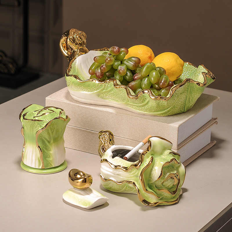 Luxury Cabbage Ceramic Fruit Plate, High-End Green Gold Home Table Centerpiece for Living Room, Tea Table, or Gift