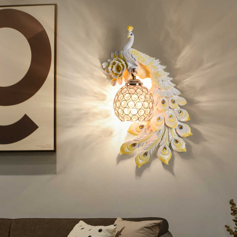 Luxury White Peacock Wall Lamp (Rechargeable Pair), Resin & Crystal Modern Decor Sconce for Living Room, Bedroom, Staircase