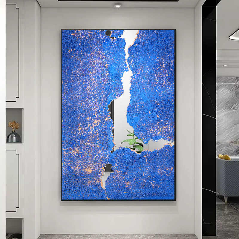 Modern Abstract Klein Blue Textured Wall Art, Mirror Stainless Steel Hand-Painted Relief, Black Aluminum Frame, Large Entryway & Sofa Background Decorative Painting
