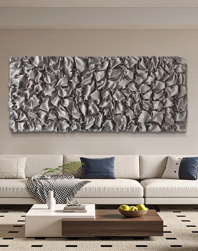 Modern Tall Grey Leather Abstract Wall Art, Large Vertical 3D Relief Panel, Minimalist Designer Statement for Foyer or Living Room