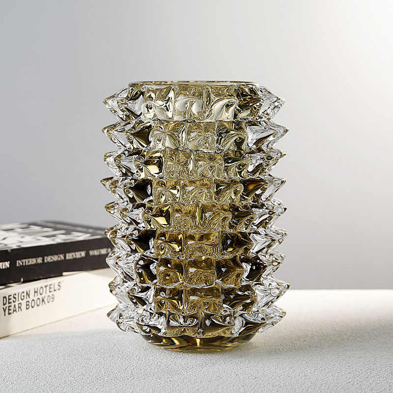 Luxury Stacked Crystal Glass Vase, Artistic Amber Textured Flower Vessel with Geometric Layers, Modern Living Room Entryway Decor