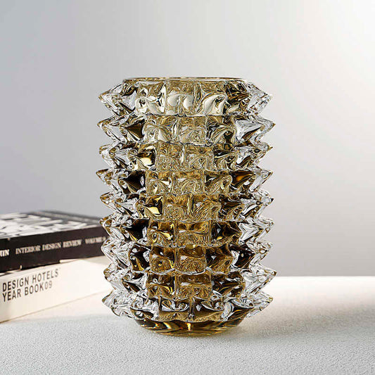 Luxury Stacked Crystal Glass Vase, Artistic Amber Textured Flower Vessel with Geometric Layers, Modern Living Room Entryway Decor