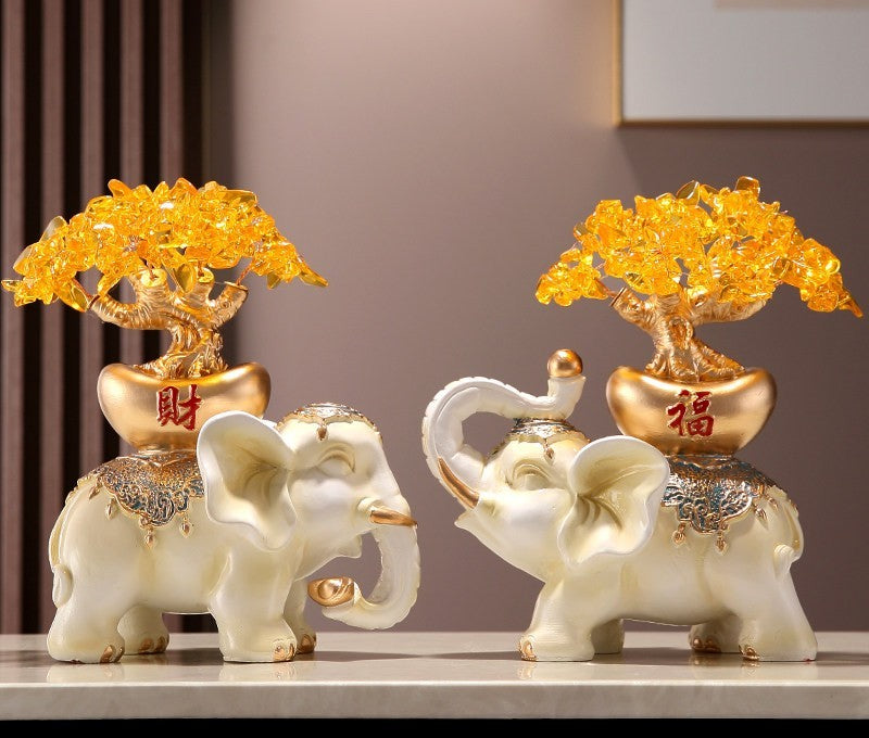 Ivory Resin Elephant Figurine Set of 2 with Amber Crystal Trees