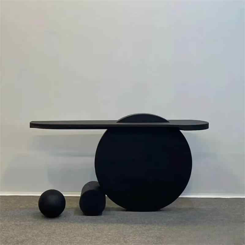 Modern Black Ash Wood Console Table | Creative Designer Entryway Display Stand with Geometric Ball Base, Minimalist Hallway Accent