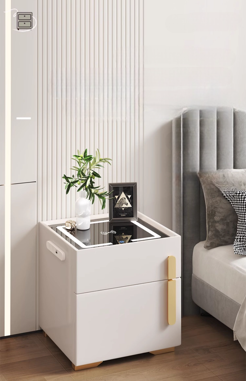 Smart Luxury Nightstand with Safe, Modern Bedroom Bedside Cabinet—Plum Blossom White, LED, Wireless Charging & USB