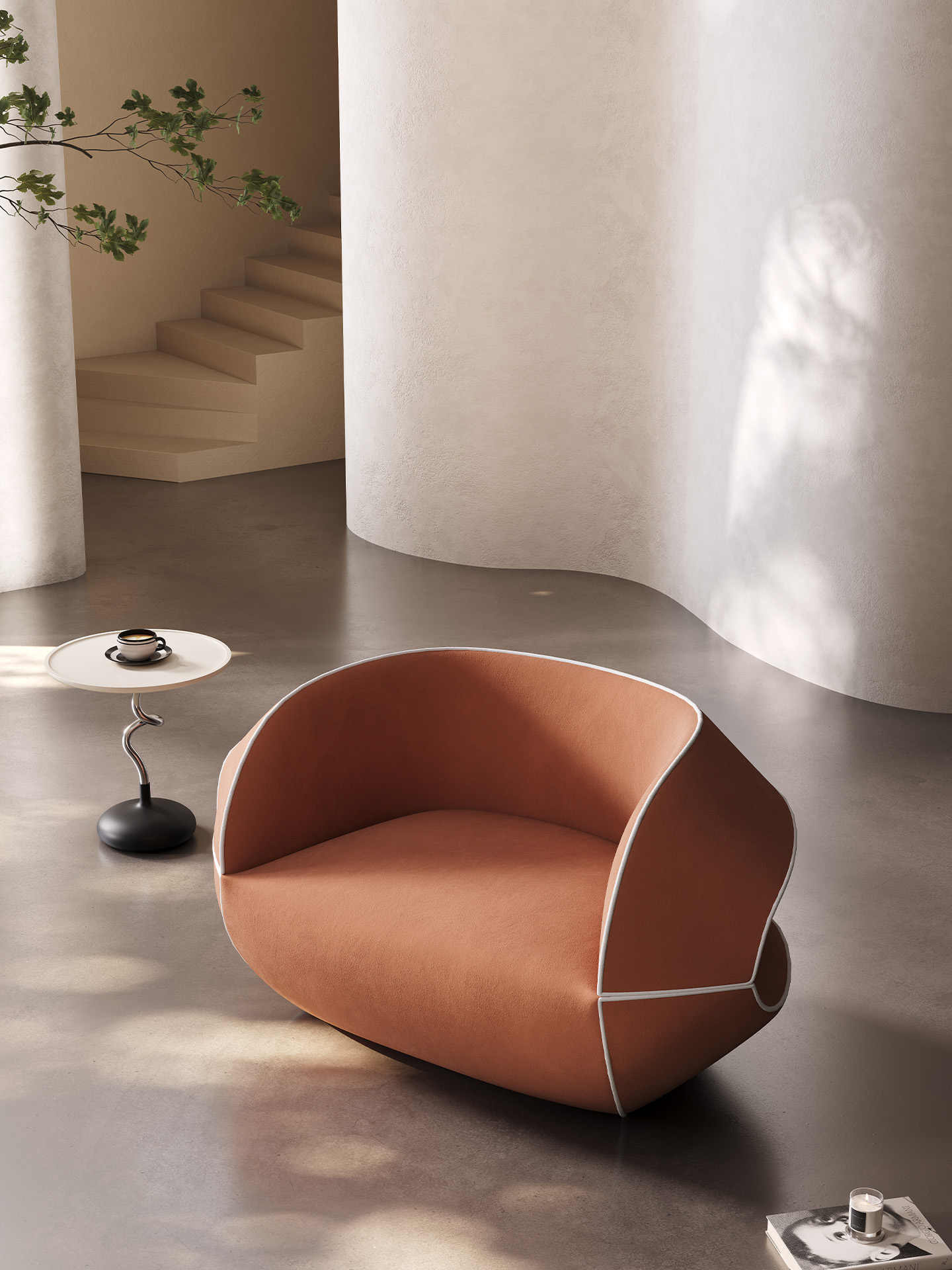 Italian Contemporary Arc Sofa – Curved Terracotta Design for Luxury Villa Living, Designer Statement Seating with White Contrast Piping