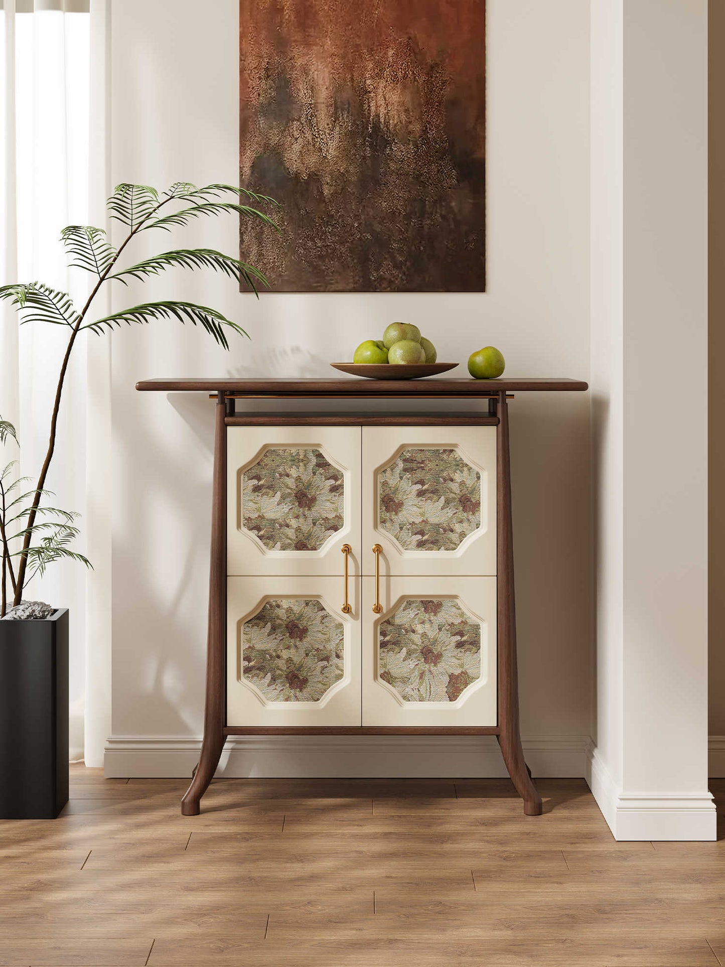 Song Dynasty Inspired Floral Octagon Console Cabinet – Natural Wood Botanical Pattern Storage Console, Traditional Asian Aesthetic Entryway Cabinet