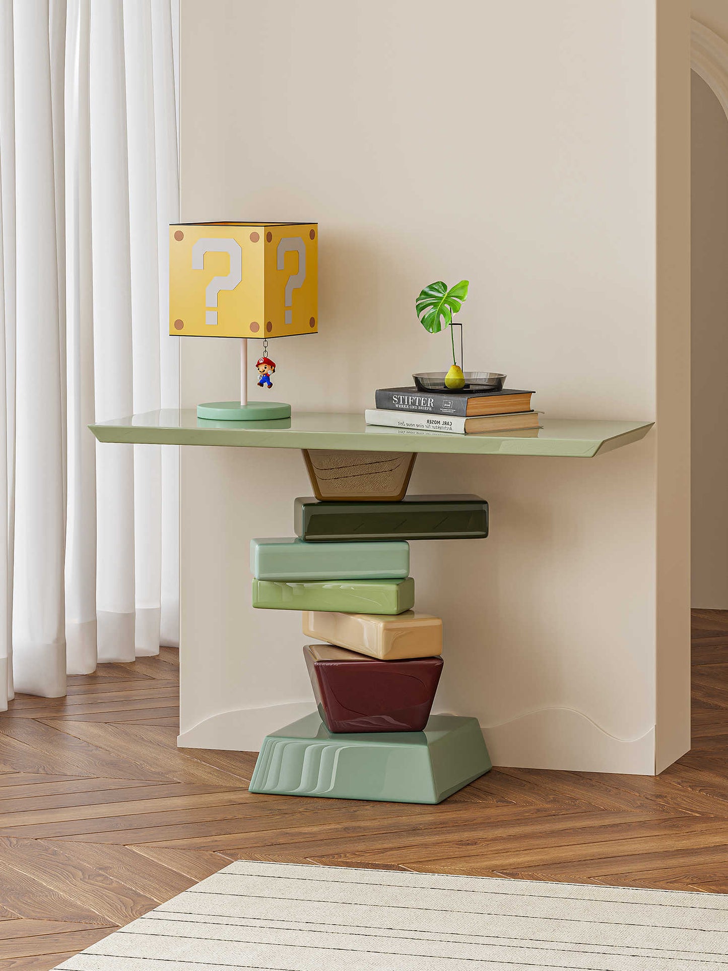 Contemporary Stacked Block Console Table – Multi-Color Geometric Base with Glass Top, Designer Entrance Table for Modern Hallways and Living Spaces