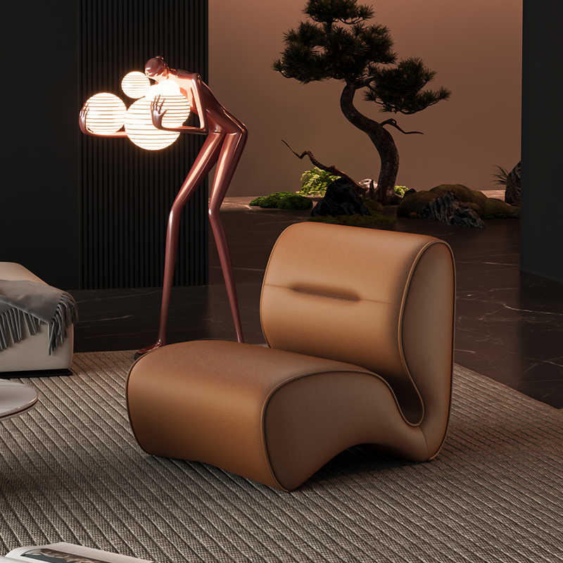 Luxury Sculptural Leather Accent Chair – Modern Curved Single Seat Armchair for Living Room, Designer Tan Brown Upholstered Lounge Chair