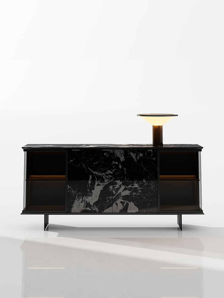 Minimalist Luxury Glass Display Sideboard – Modern Marble Accent Storage Buffet for Villa, Entryway, Living Room