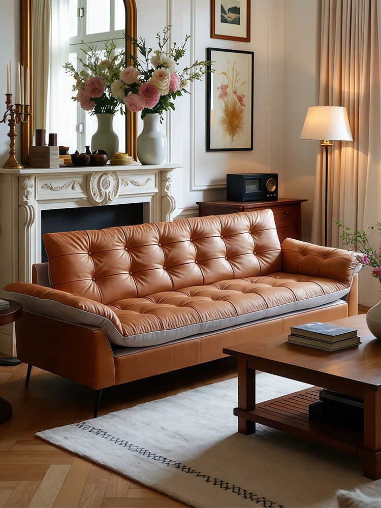 Vintage Leather Sailboat Sofa – Retro Designer 3-Seater for Living Room, Homestay, or Café, Tufted Couch