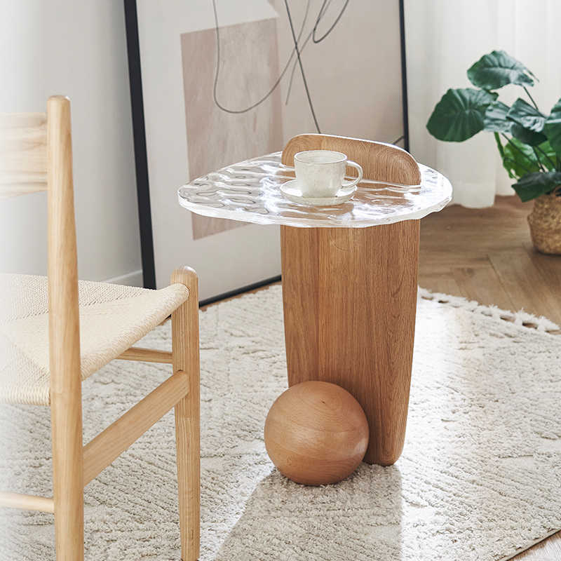 Designer Solid Wood & Wave Glass Side Table, Modern Minimalist End Table for Living Room & Sofa