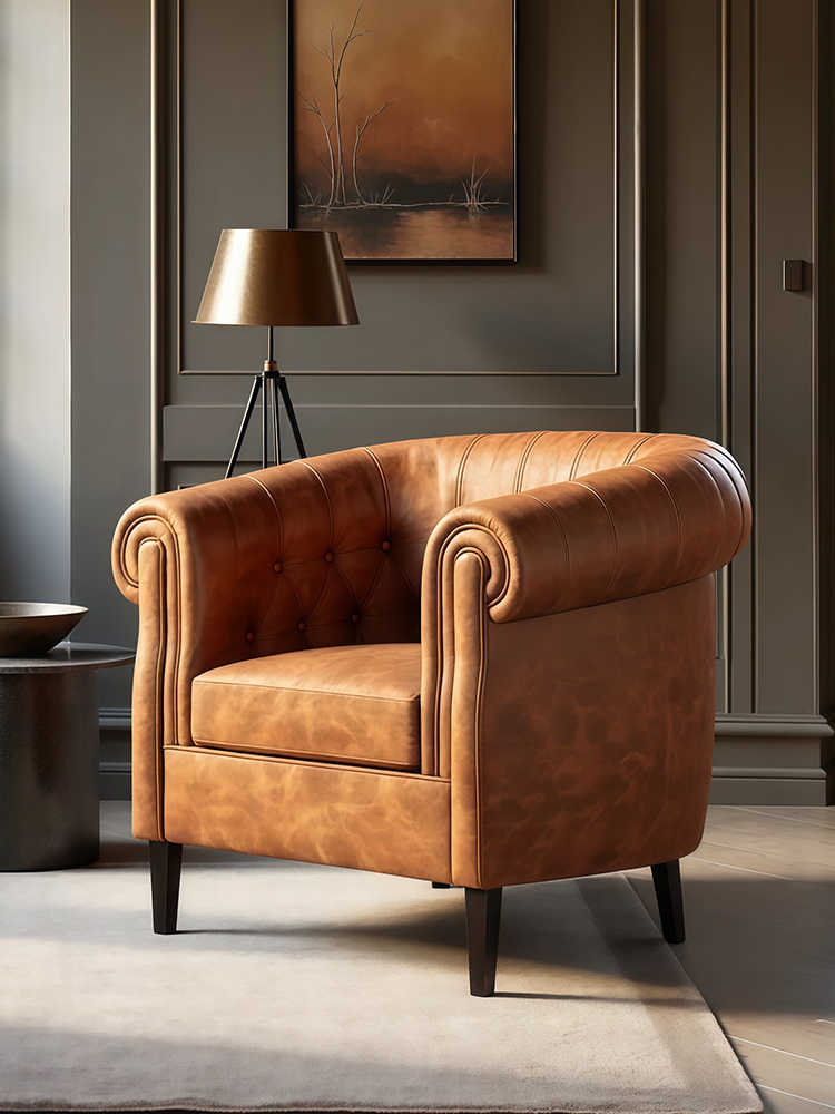 Vintage Leather Club Chair – Retro Chesterfield Single Armchair for Living Room, Bedroom & Home Office, Tufted Barrel Accent