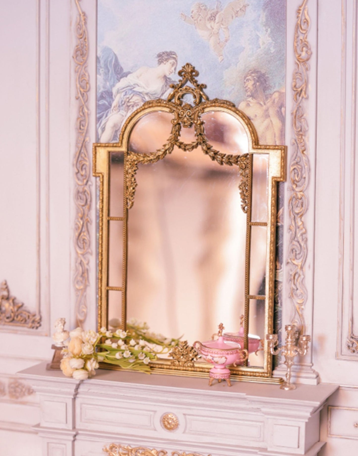 Miniature Baroque Mirror – 1:6 Scale Ornate Gold Frame Wall Mirror, Dollhouse Luxury Decor