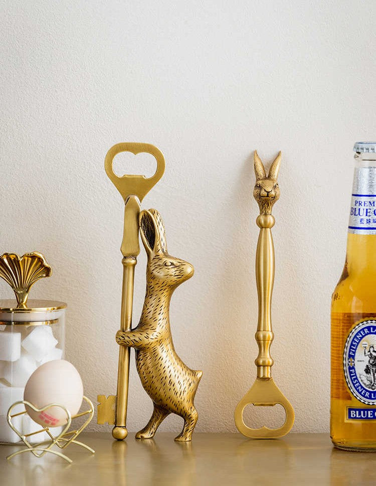 Vintage Brass Rabbit Bottle Opener Set, Unique Luxury Beer Opener Key & Bunny Head Design, Home Bar Tool Gift, 2-Piece