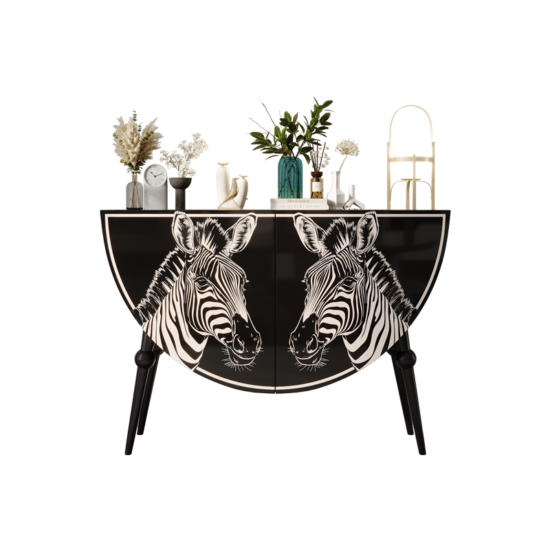 Luxury Hand-Painted Zebra Entryway Cabinet, Artistic Solid Wood Sideboard for Living Room & Hallway