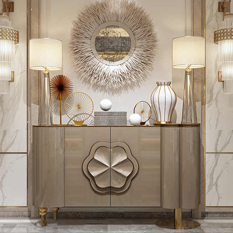 Modern Luxury Taupe Sideboard Cabinet, Artistic Solid Wood Entryway Console with Stainless Steel Accents