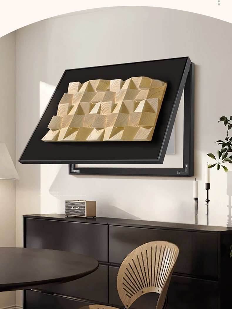 Solid Wood 3D Wall Art Panel, High-End Concealed Utility Box Cover—Retro Dining Room Decorative Painting (Hydraulic Lift, Black Aluminum Frame)