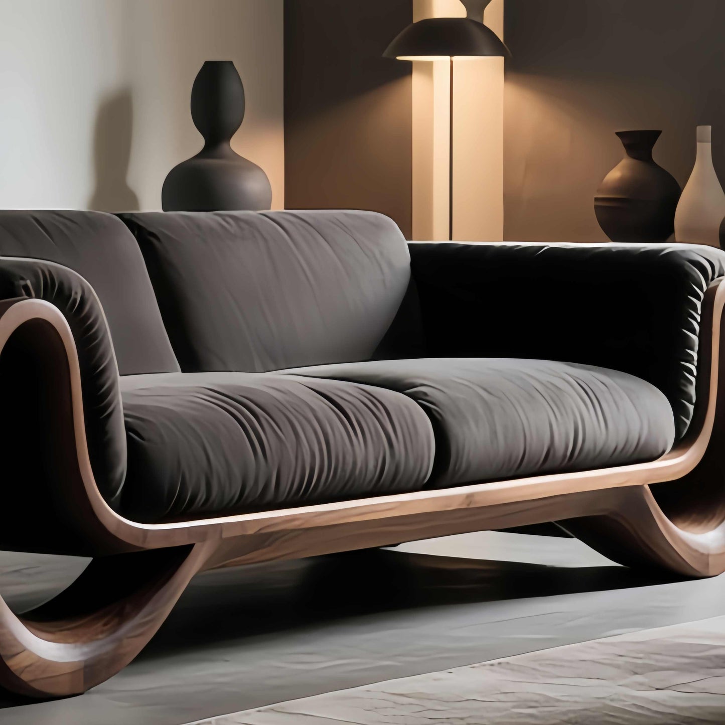 Contemporay New Walnut Sofa – Sculptural Curved Wood Frame with Premium Upholstery, Luxury Modern Living Room Furniture