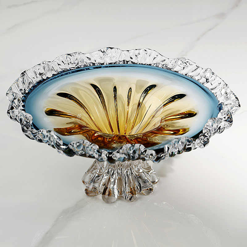 Luxury Art Glass Flower Fruit Bowl, Blue-Orange Gradient Pedestal Serving Dish with Sunburst Design & Ruffled Edges, Handcrafted Centerpiece