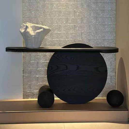 Modern Black Ash Wood Console Table | Creative Designer Entryway Display Stand with Geometric Ball Base, Minimalist Hallway Accent
