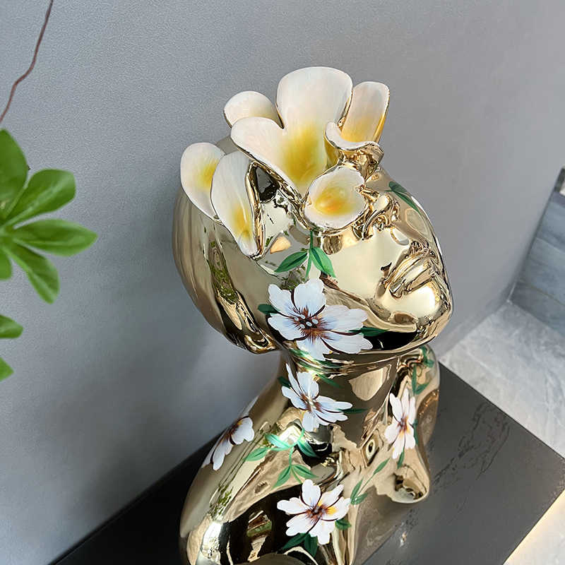 Golden Abstract Resin Girl Sculpture with Hand-Painted Floral Decor, Modern Artistic Bust for Showroom & Display,