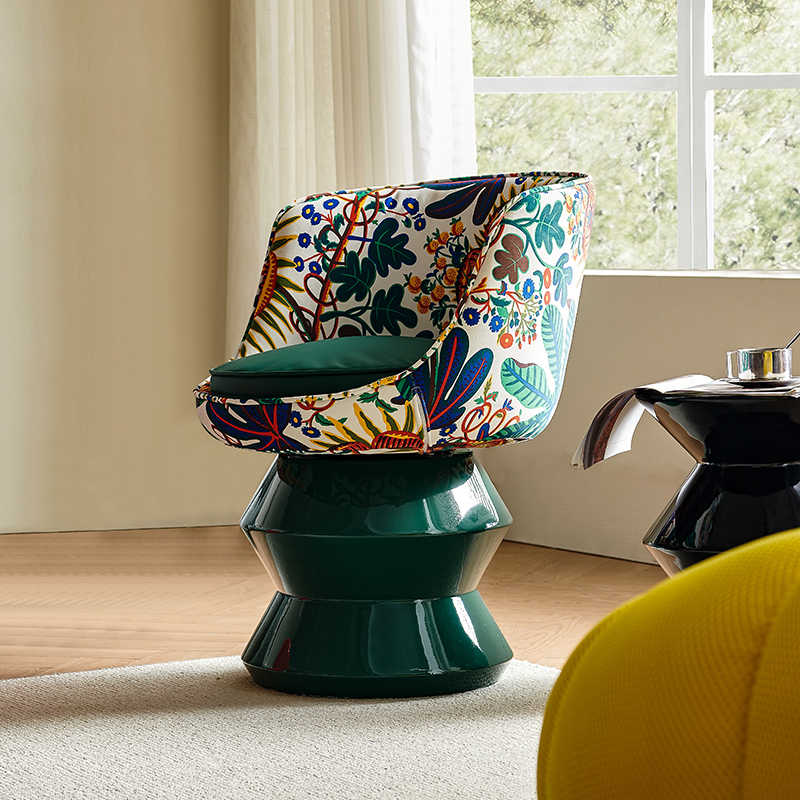 Minimalist Designer Swivel Lounge Chair, Green Fiberglass Base & Floral Upholstery Accent Armchair