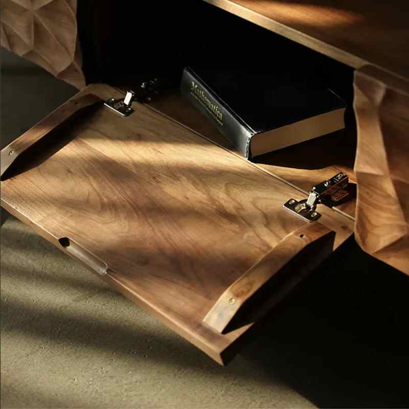 Contemporary Teak Geometric Media Console – Sculptural Faceted TV Stand with Organic Carved Design, Mid-Century Modern Storage Furniture