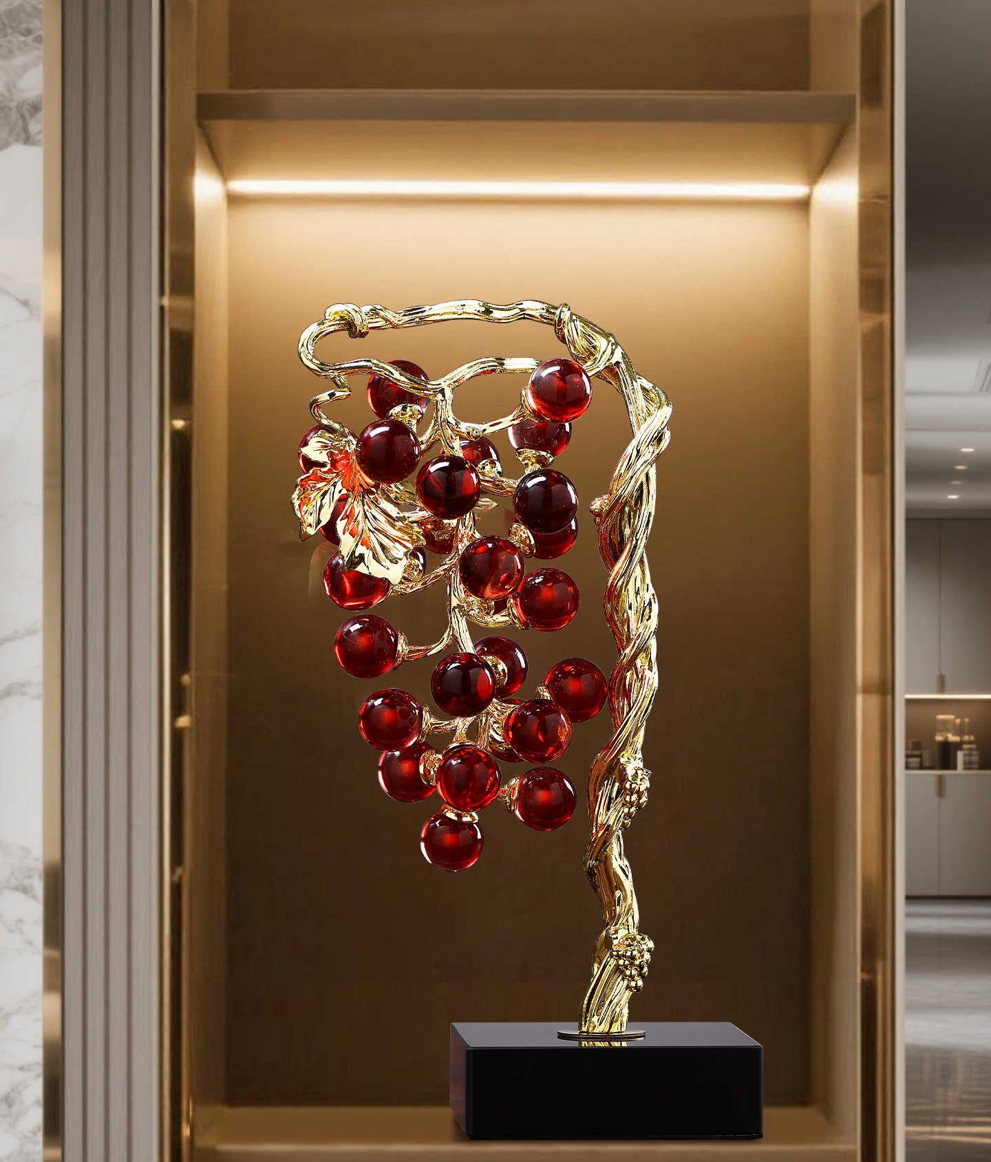 Light-Luxury Grape & Prosperity Tree Decorative Set – High-End Art Glass Desk/Entry Decor, Red Wine & Purple