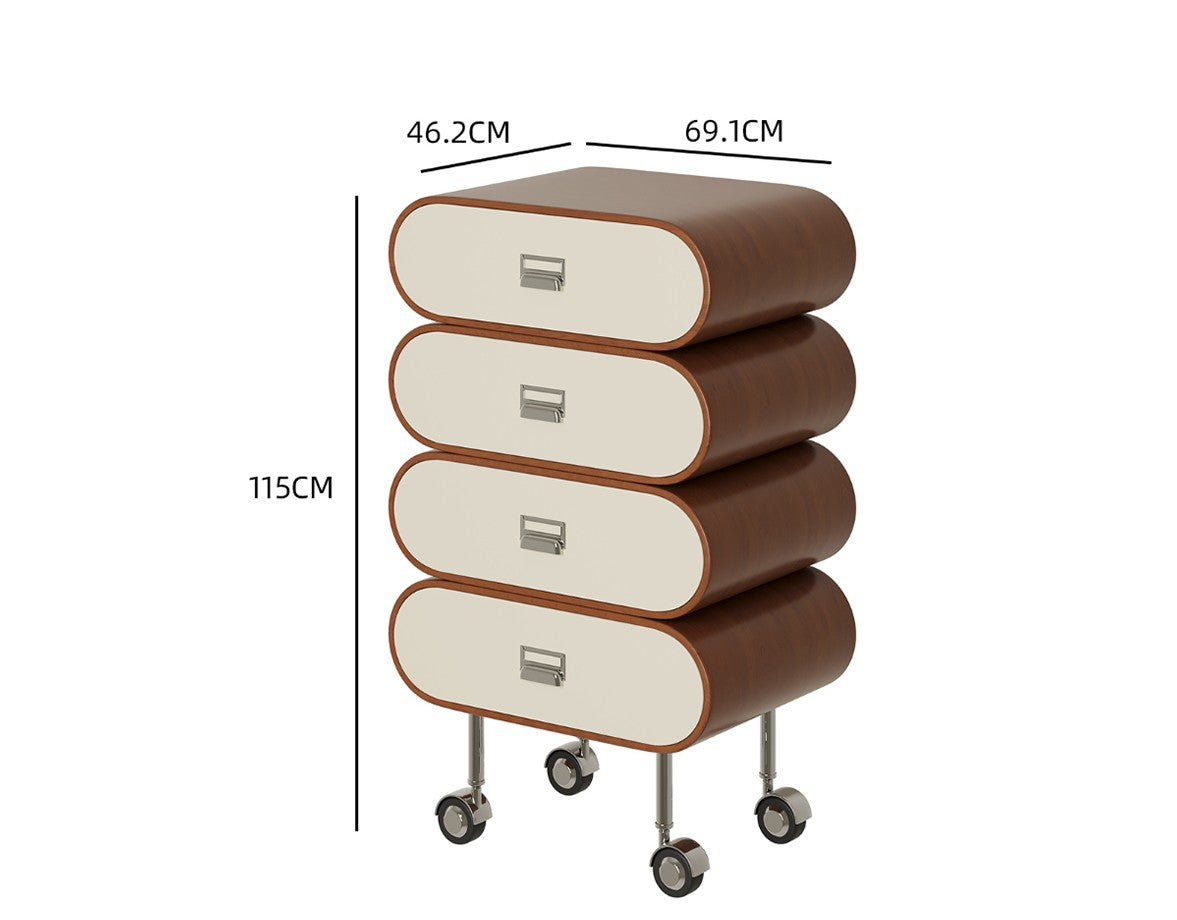 French Cream Oval Chest with Casters – Modern Mobile 4-Drawer Storage Cabinet, Two-Tone Walnut and White Accent Dresser for Small Spaces