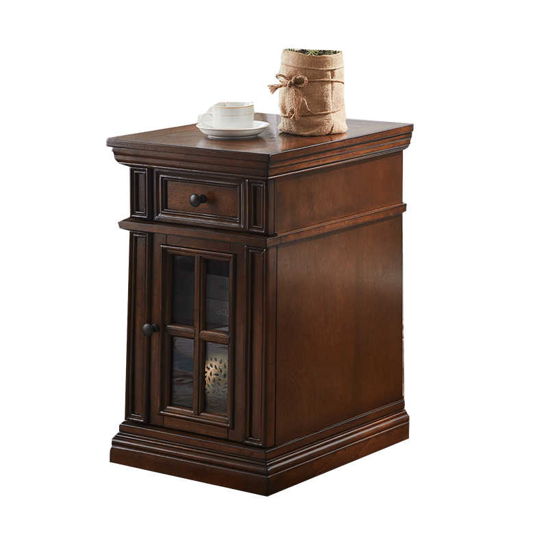 American Vintage Solid Wood Parquet Side Table, Classic Chevron Pattern End Table with Glass Door Storage, Multi-Purpose Nightstand Coffee Table