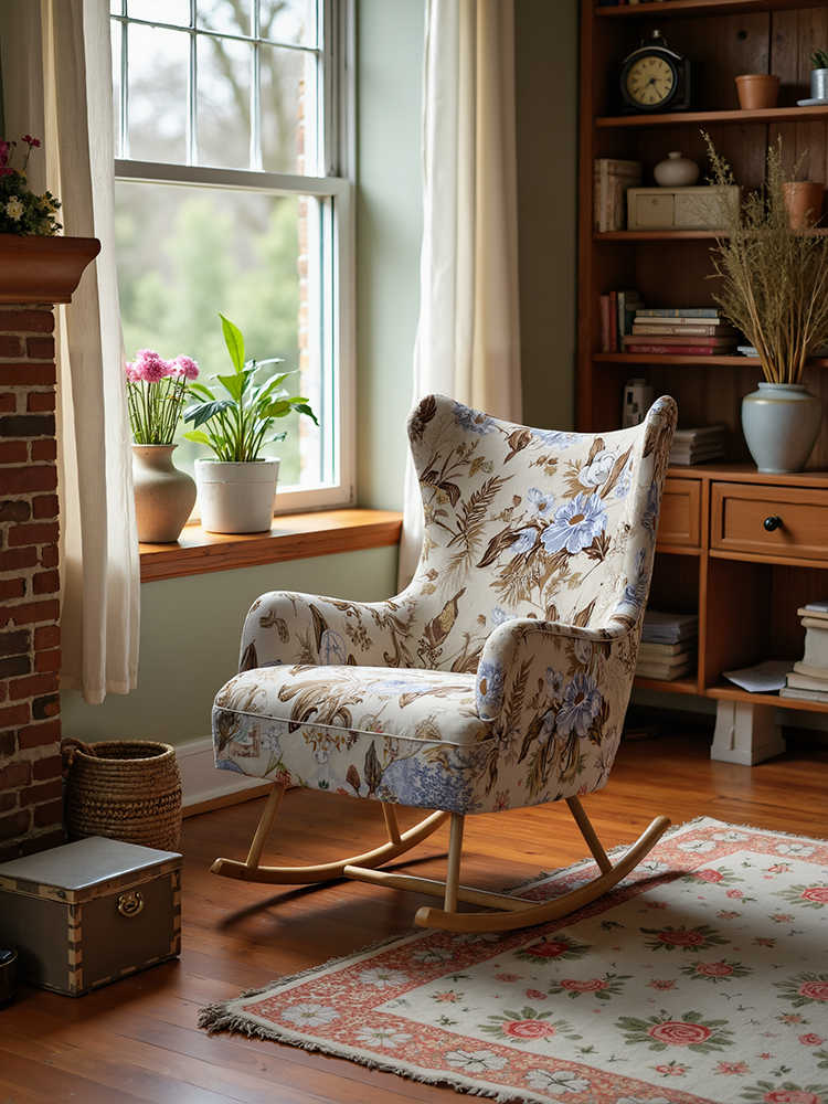 Vintage Designer Solid Wood Floral Rocking Chair – Retro Lounge Armchair for Living Room, Bedroom and Leisure Space