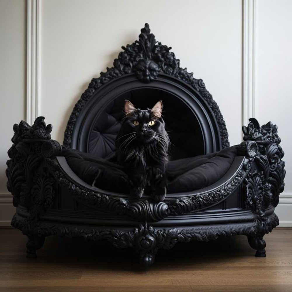 Gothic Black Luxury Solid Wood Pet Bed – Baroque Hand-Carved Cat & Dog Sofa, Indoor Ornate Throne Bed