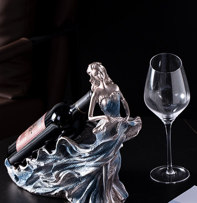 European Creative Wine Rack Set – Modern Luxury Home Decor Sculpture, Ocean Queen Blue-Gold Lady Wine Bottle Holder for Living Room, Cabinet, Dining Table