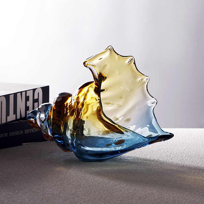 Creative Glass Conch Shell Decorative Bowl, Blue Amber Gradient Seashell Sculpture for Entryway Key Storage TV Stand, Modern Home Accent Gift
