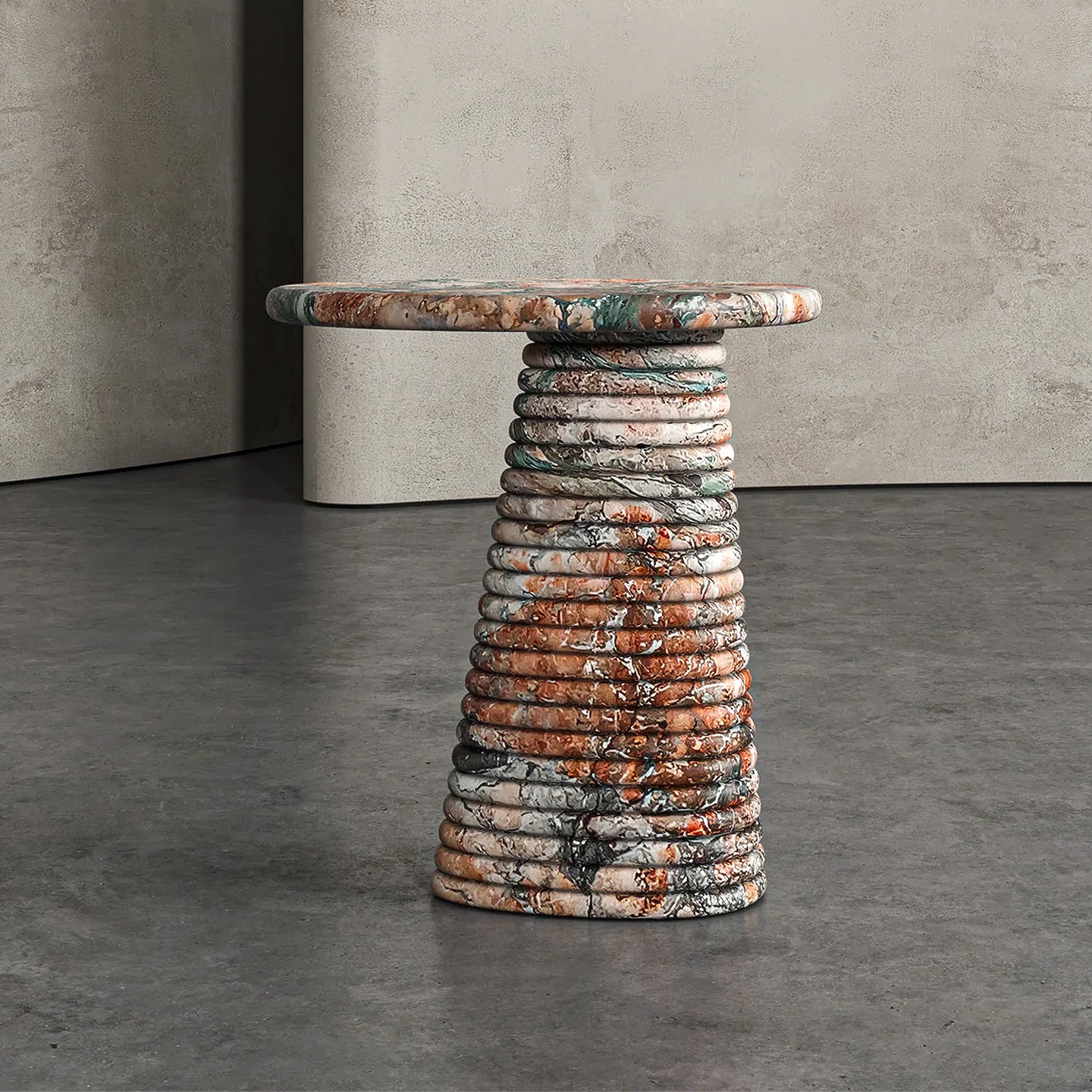Luxury Marble Side Table – Designer Stacked Stone Round Accent Table, Modern Artistic End Table for Living Room, Bedroom, Contemporary Sculptural Furniture