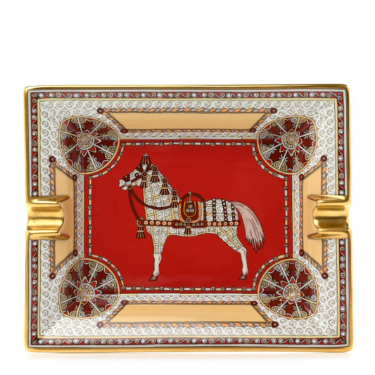Luxury Red Porcelain Horse Ashtray, Decorative Ceramic Jewelry Tray, Square Trinket Holder for Living Room, Gift Box