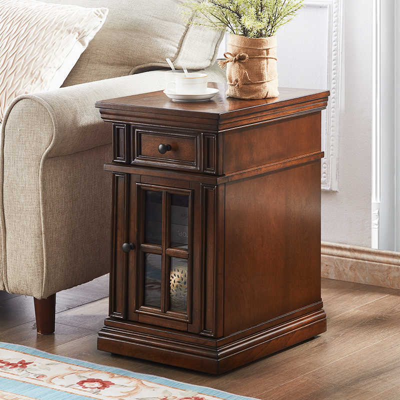 American Vintage Solid Wood Parquet Side Table, Classic Chevron Pattern End Table with Glass Door Storage, Multi-Purpose Nightstand Coffee Table