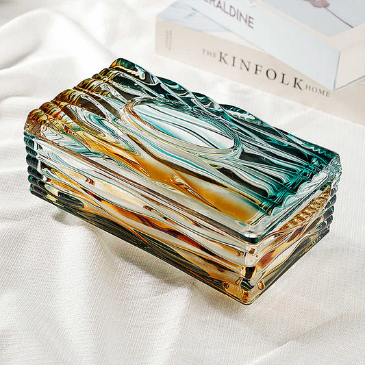 Luxury Emerald Gold Wave Glass Tissue Box, Art Glass Napkin Dispenser with Flowing Ocean Pattern, Premium Home Decor Accessory