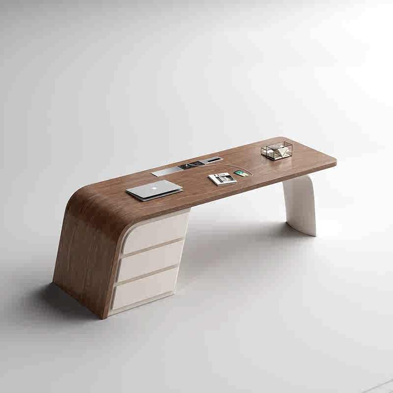 Modern Minimalist Black Walnut Executive Desk – Curved Wood Office Table for Study & Workspace