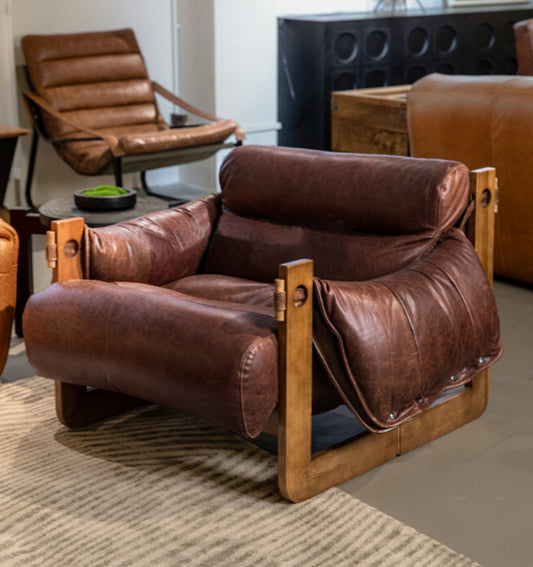 Jersey Retro Leather Lounge Chair, Designer Solid Wood Reading Armchair for Living Room, PU Waxed Leather