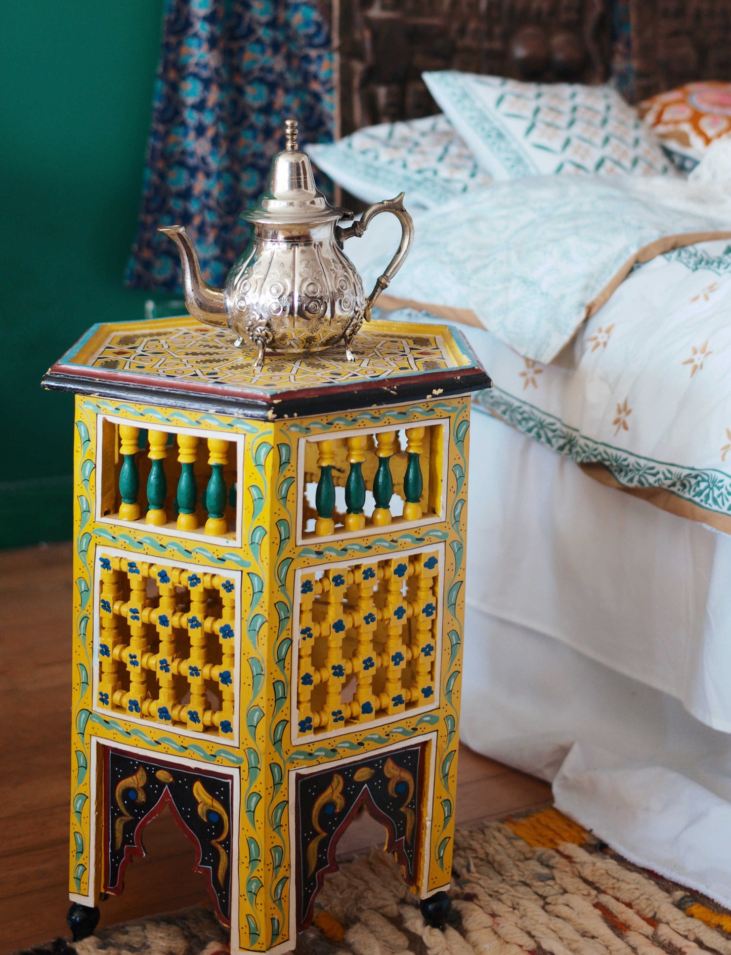 Hand-Painted Hexagonal Coffee Table, Bohemian Side Table for Living Room, Artisan Table