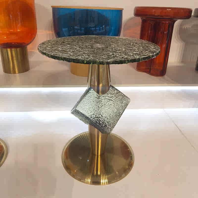 Modern Art Water Ripple Glass Accent Table, Luxury Movable Gold Round Side Table for Living Room, Hotel, or Small Spaces