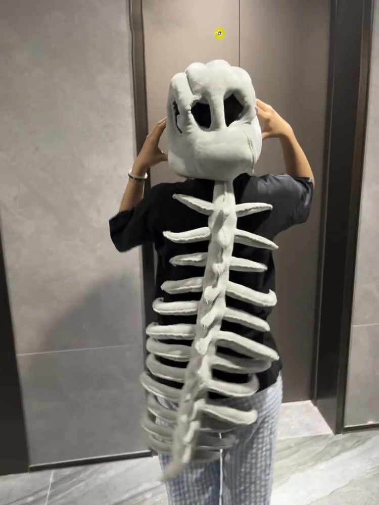 Adult Dinosaur Skeleton Plush Costume Set with Sound – 45 Inch Funny Cosplay Bone Headgear & Ribcage Suit for Halloween, Parties & Performances