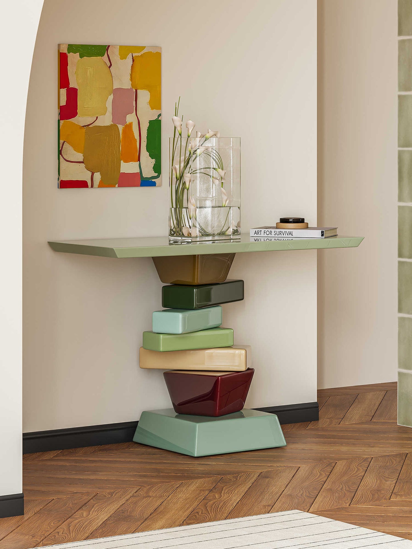 Contemporary Stacked Block Console Table – Multi-Color Geometric Base with Glass Top, Designer Entrance Table for Modern Hallways and Living Spaces